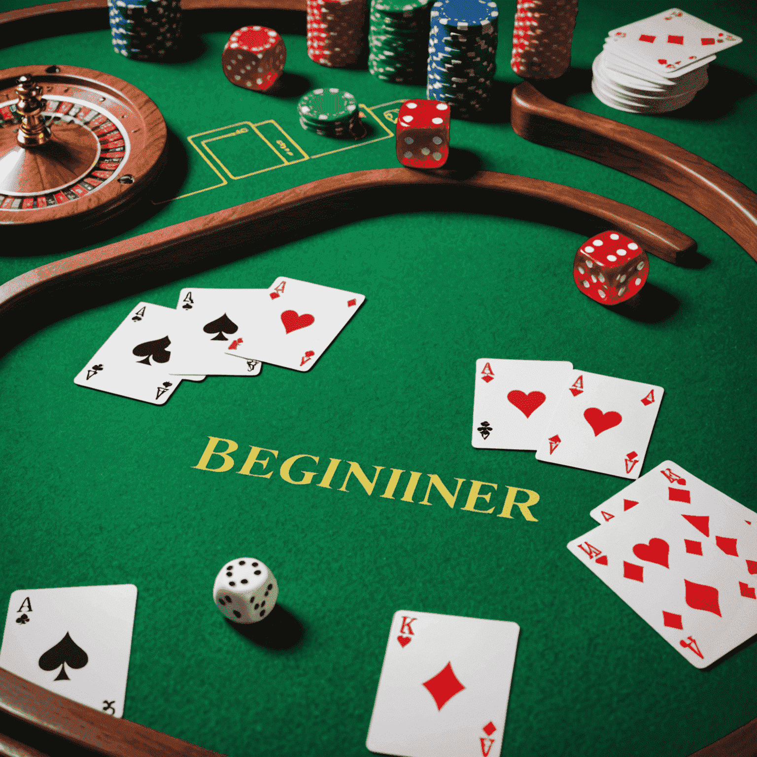 Five casino games laid out on a green felt table, including cards, dice, and chips, with a 'Beginner' sign prominently displayed