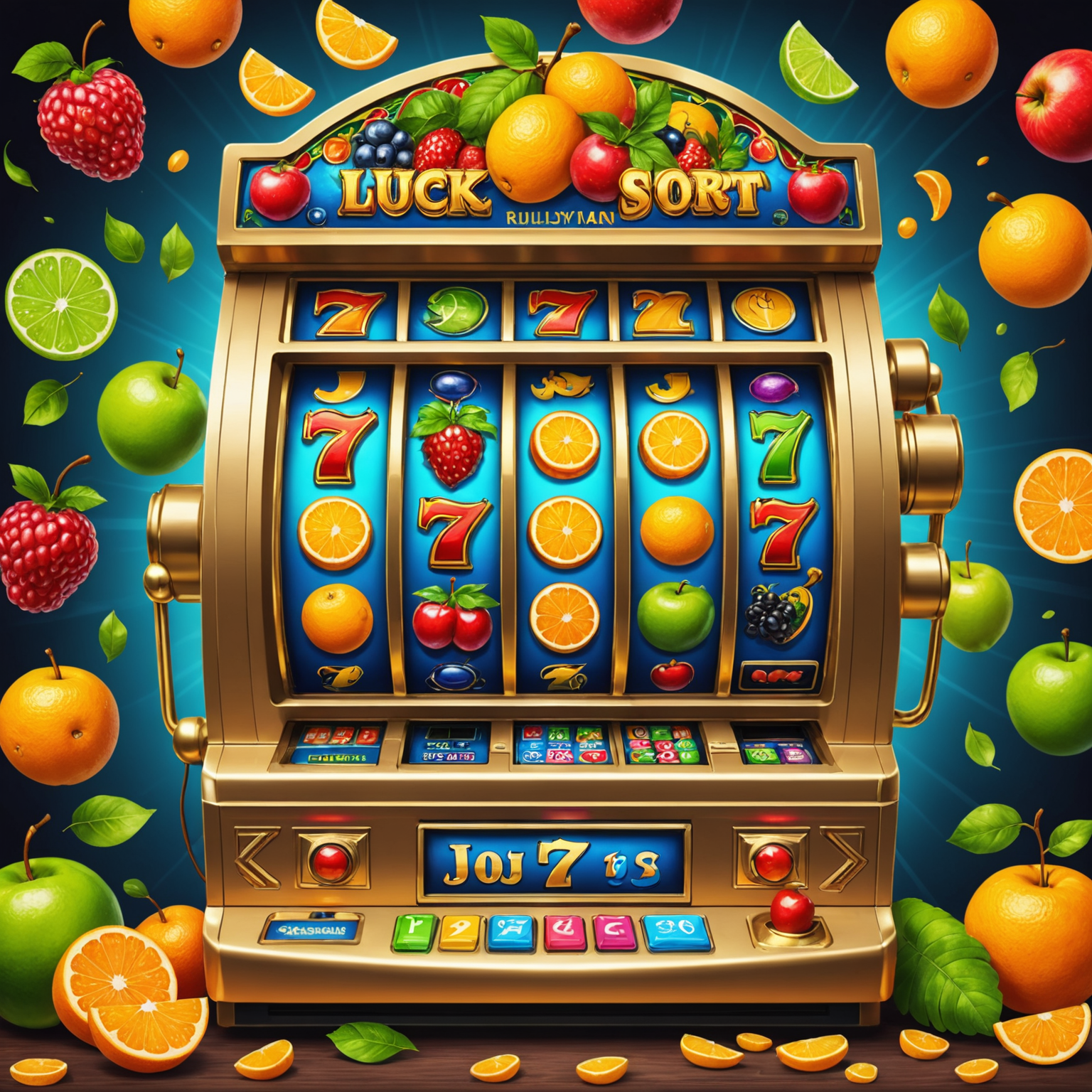 Colorful slot machine with fruits and lucky 7 symbols, spinning reels visible