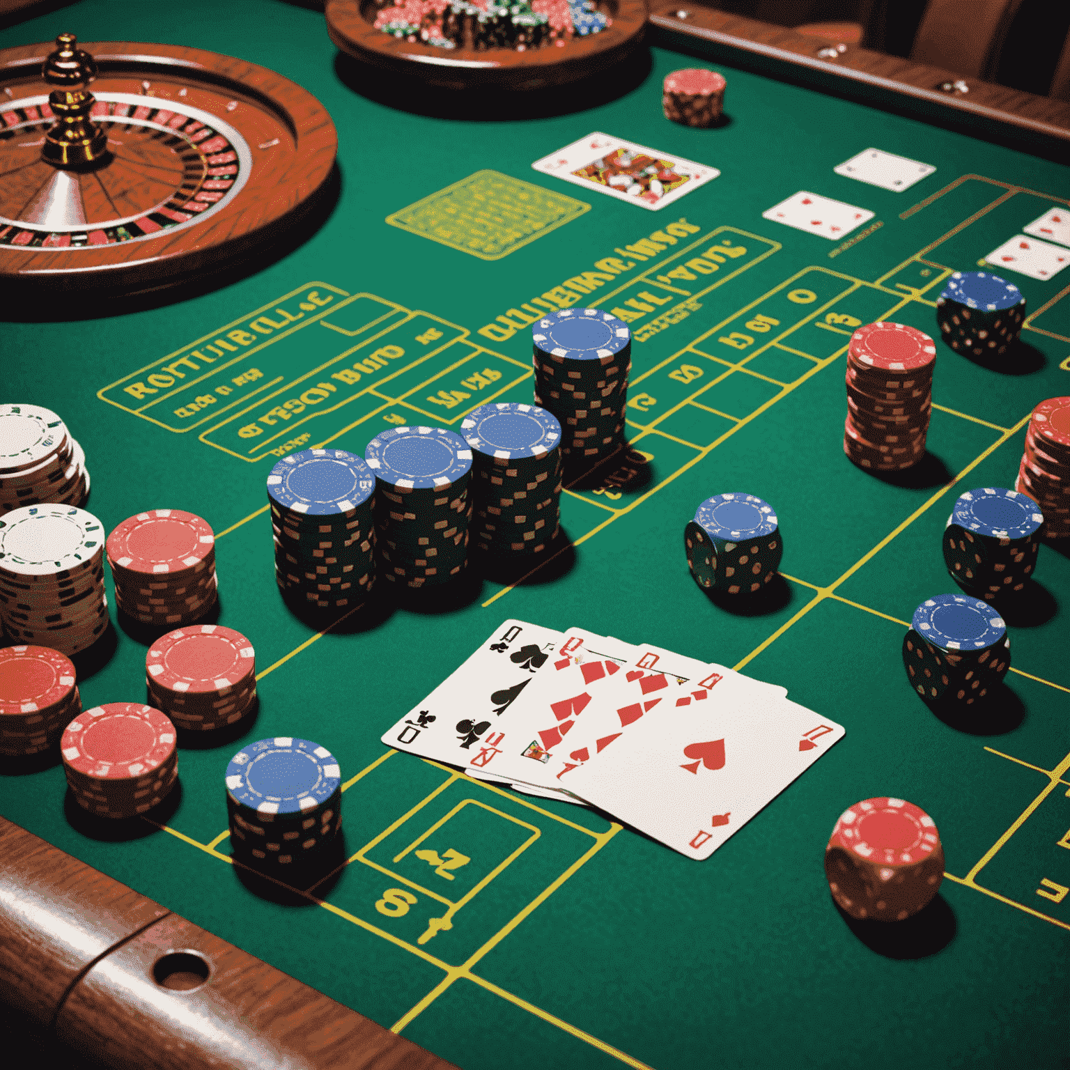 Casino table with dice, cards, and chips, illustrating various game odds