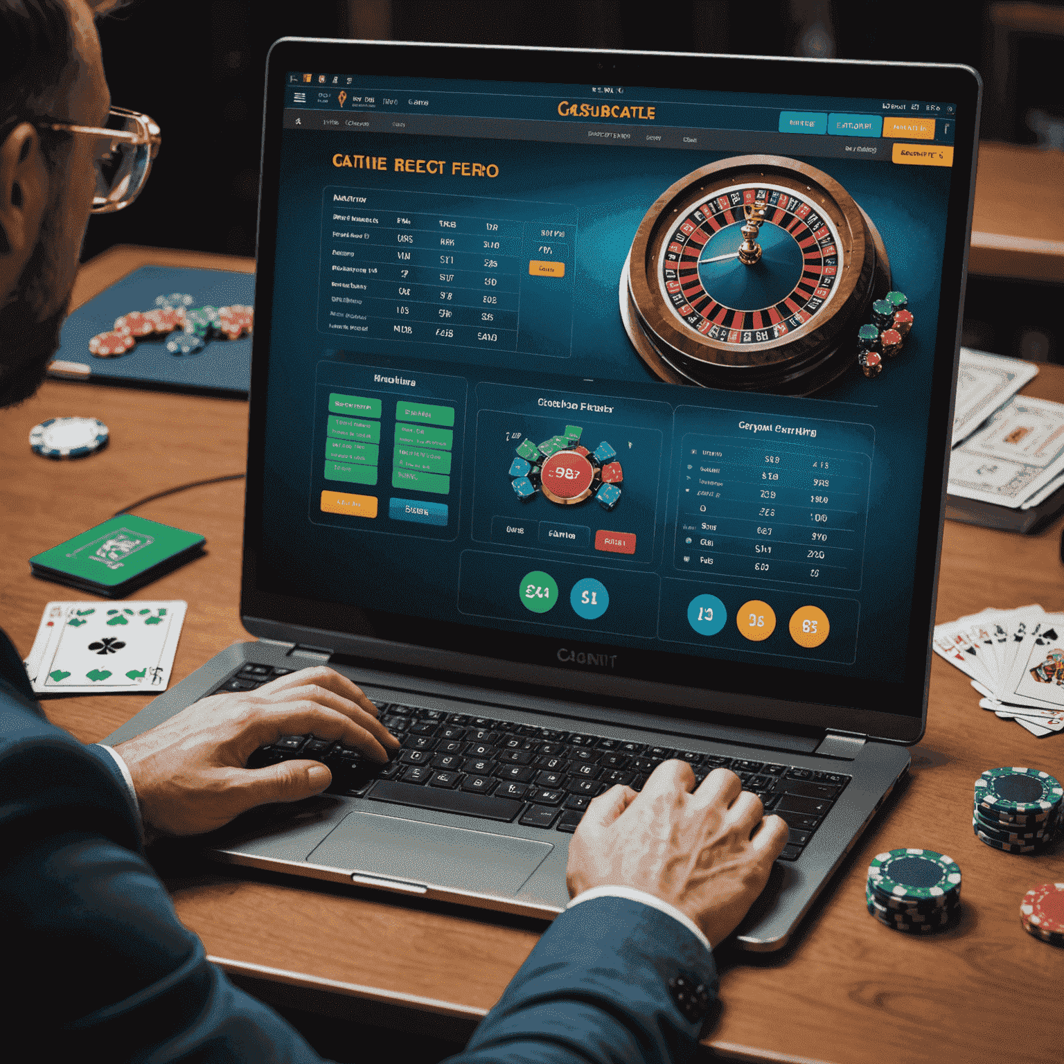 A person playing casino games on a computer with a timer and budget tracker visible, emphasizing responsible gaming practices