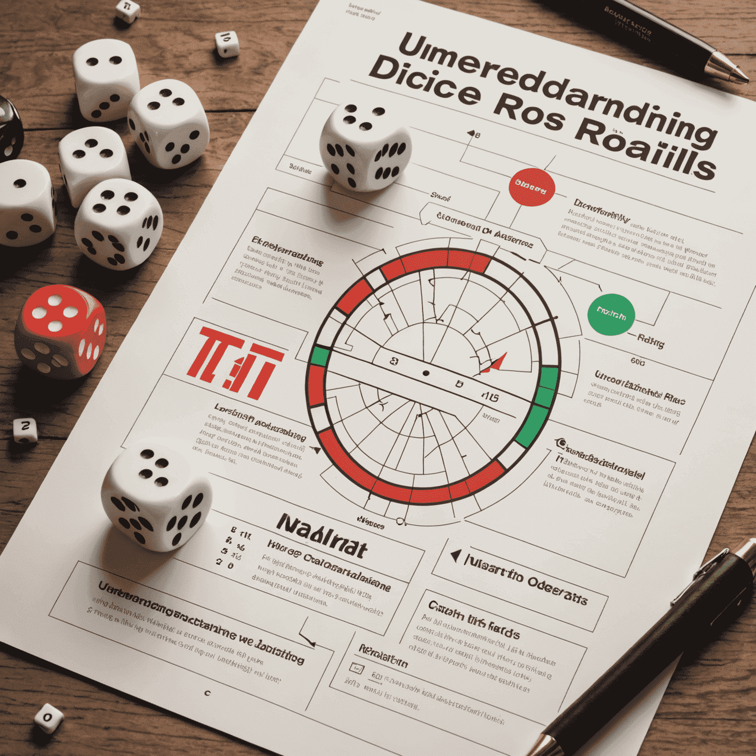 Infographic showing probability charts and dice rolls, with 'Understanding Odds' text overlay