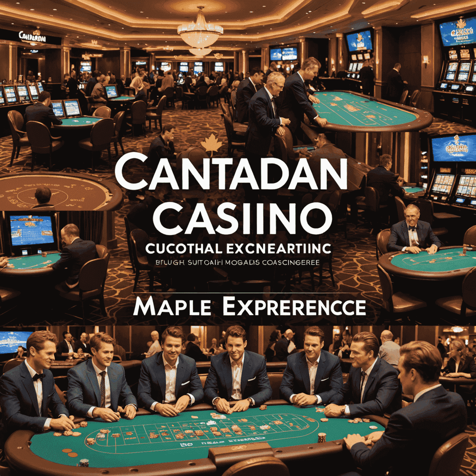 Collage of Canadian casino interiors, maple leaf chips, and players at tables, with 'Canadian Casino Experience' text overlay