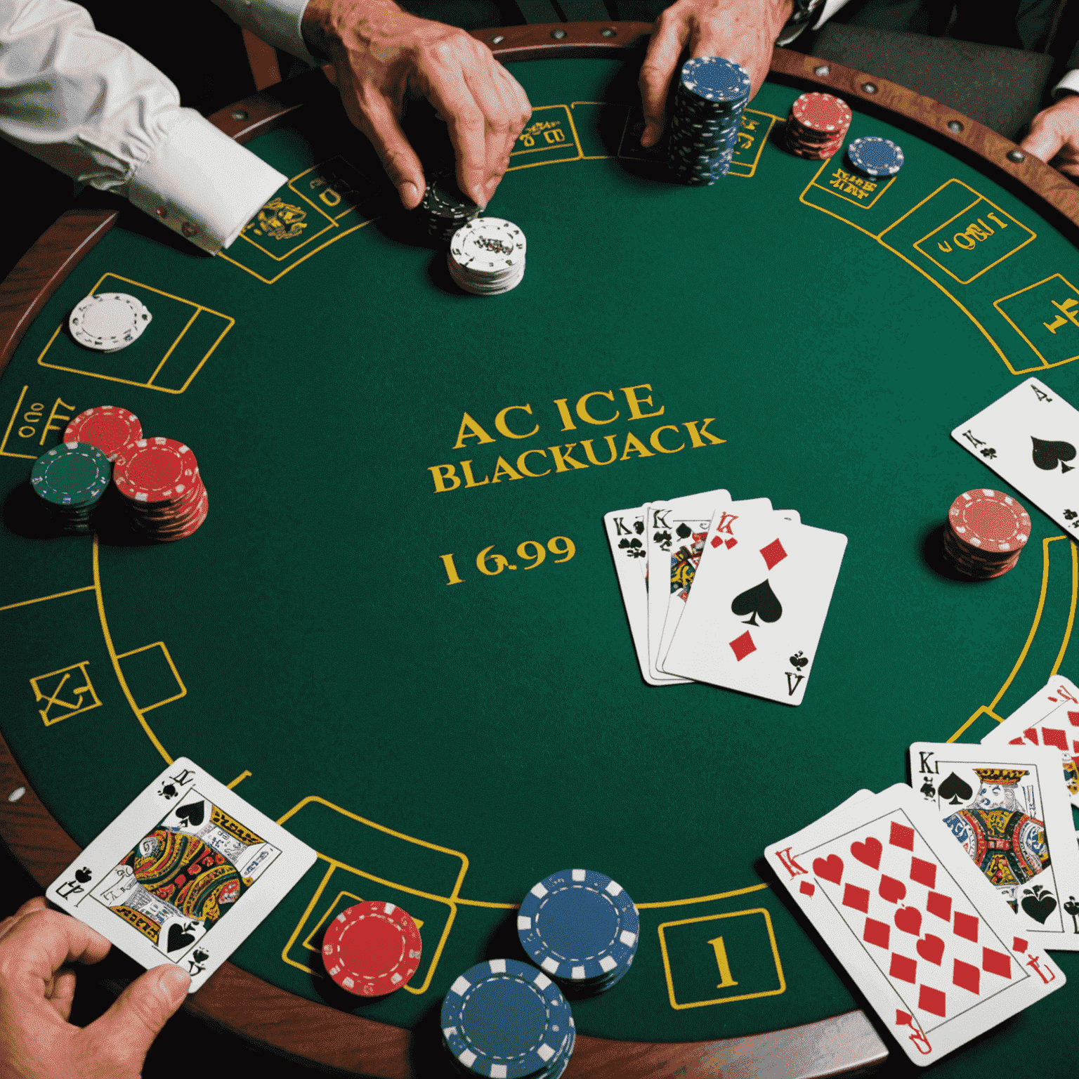 Blackjack table with cards spread out, showing an Ace and a King