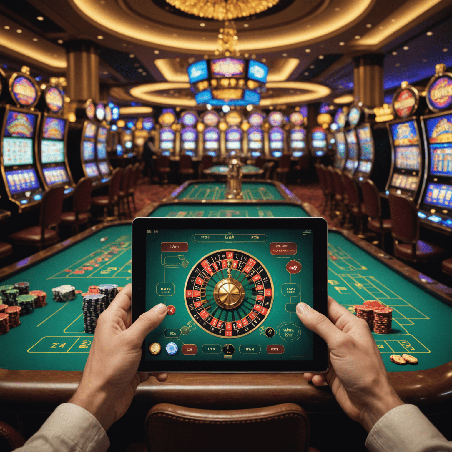 A person setting limits on a tablet screen with casino games in the background, surrounded by responsible gaming symbols