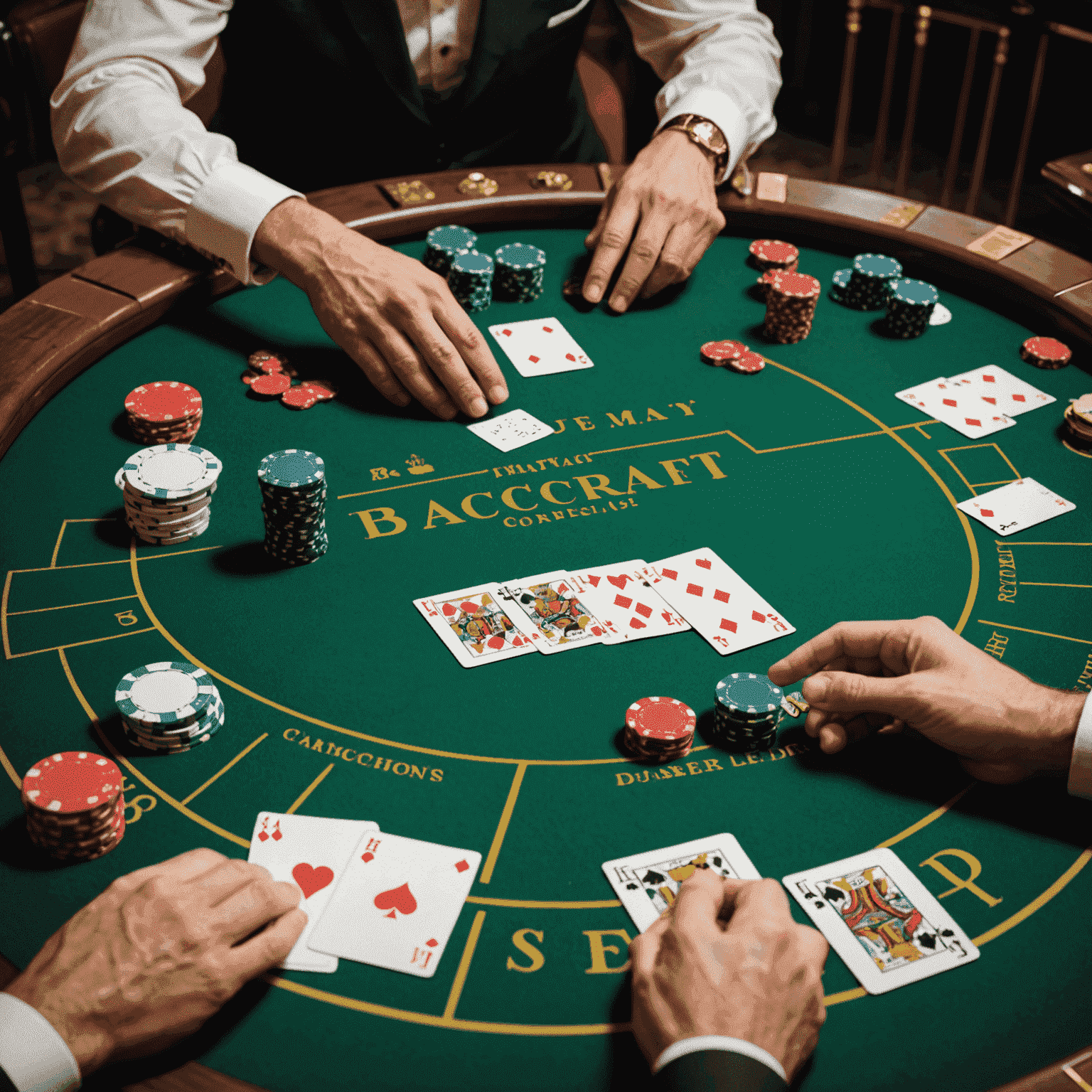 Baccarat table with cards and chips, showing the player and banker hands